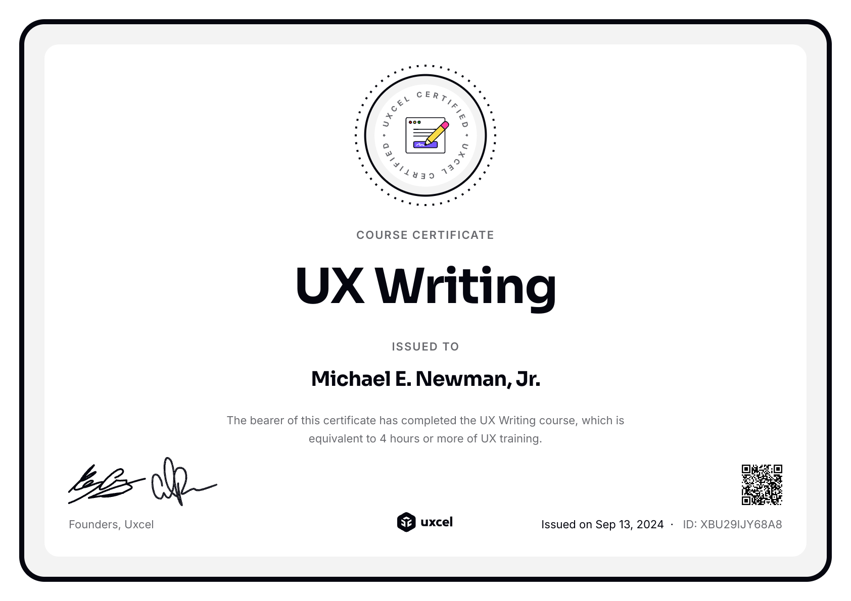 Michael E. Newman, Jr.'s certificate